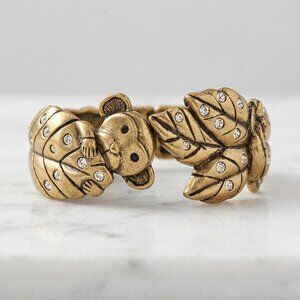 VINTAGE Chico’s Monkey & Leaf Hinged Cuff Bracelet - Antique Gold & Crystals - E